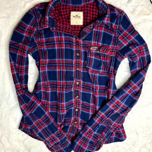 Hollister Vintage Red and Blue Plaid Flannel Top